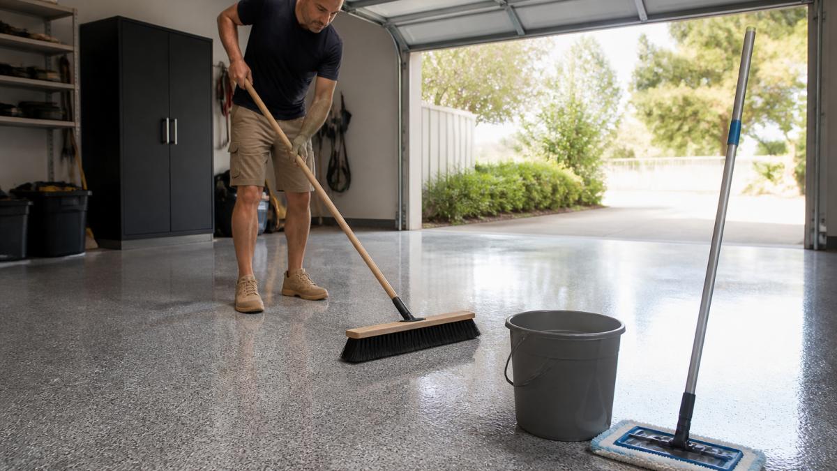 A homeowner in Australia using a soft-bristled broom to dry sweep a glossy grey epoxy garage floor, with a bucket and microfiber mop nearby and the garage door open to daylight