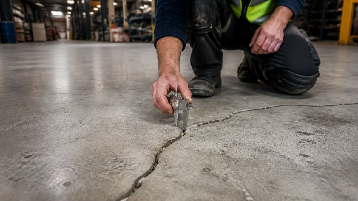 A close-up photograph of a cracked industrial concrete floor inside a warehouse, with a worker in high-visibility clothing kneeling and measuring the crack width with a gauge
